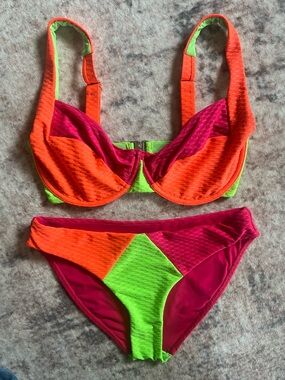 Vetchy Laguna style Neon Orange, Pink & Lime Colorblock Bikini Set